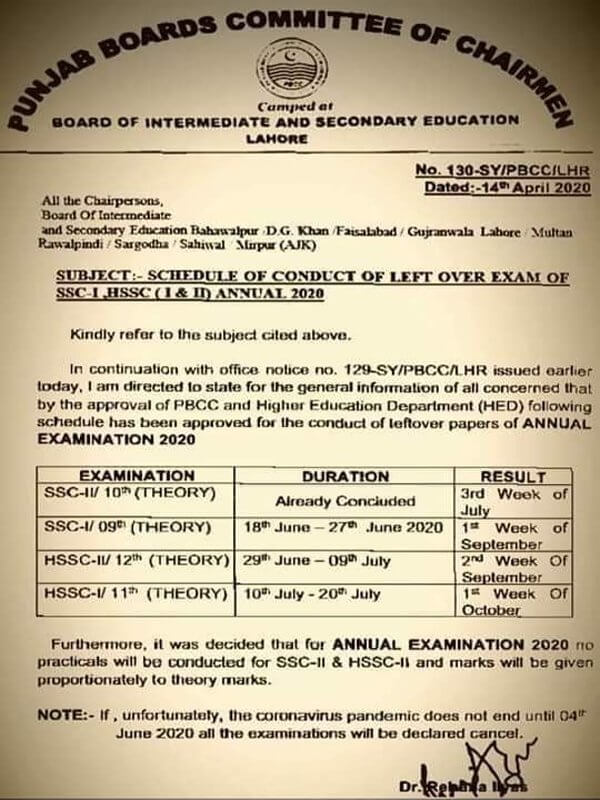 New Schedule of Conduct of Left Over Exam of Matric and Intermediate
